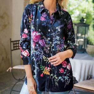 Soft Surroundings Jardim Navy Blue Floral Print Velvet Button Down Shirt